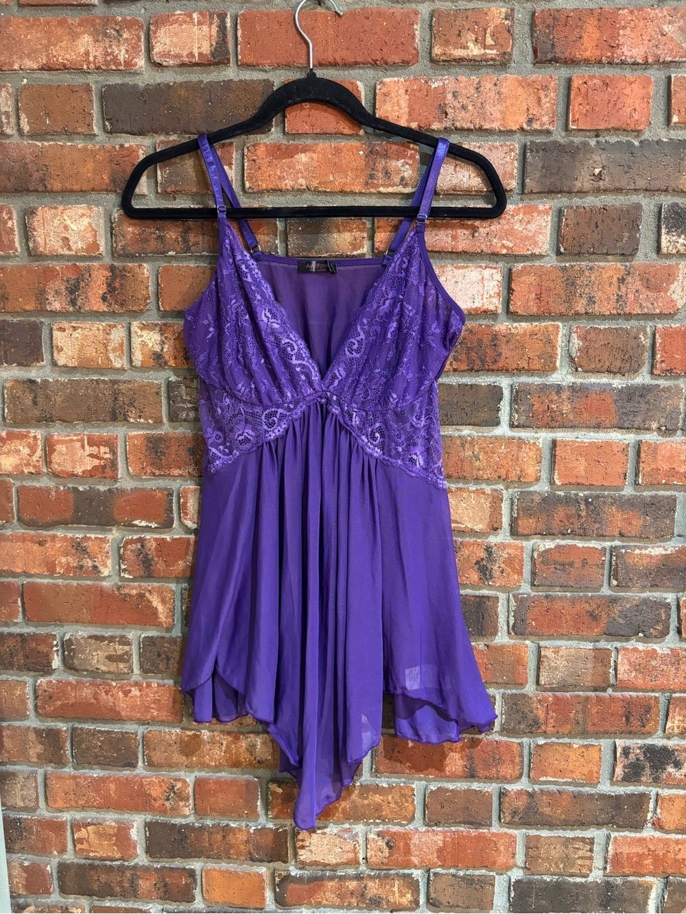 VTG Avidlove womens lace mesh babydoll chemise lingerie handkerchief hem purple